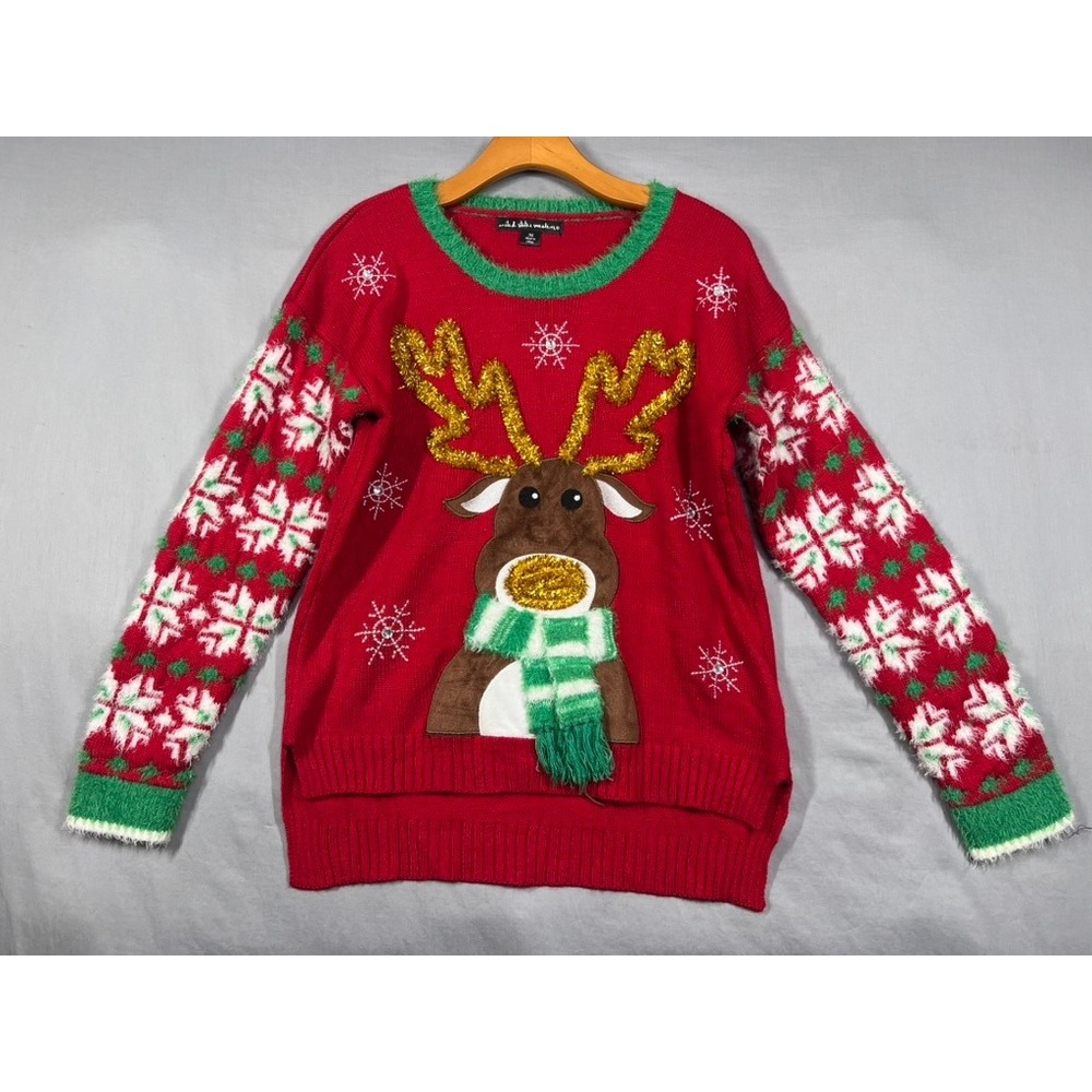 Ugly Christmas Sweater Rudolph Reindeer Holidaycore Red Green Gold Tinsel Size M